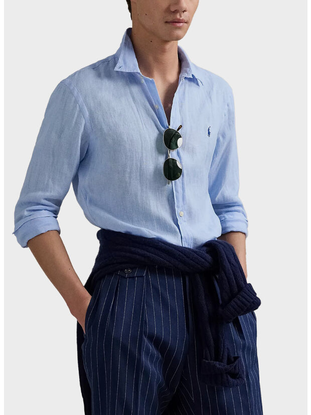 CAMICIA IN LINO CON LOGO RICAMATO, OFFICE BLUE, large