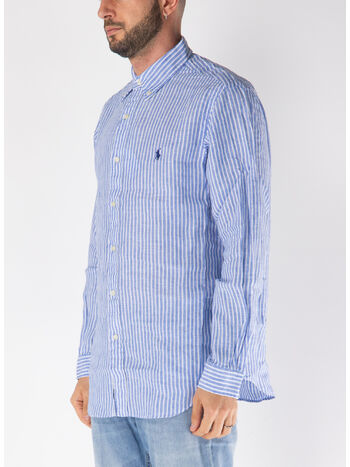 CAMICIA IN LINO CON LOGO RICAMATO, BLUE/WHITE, small