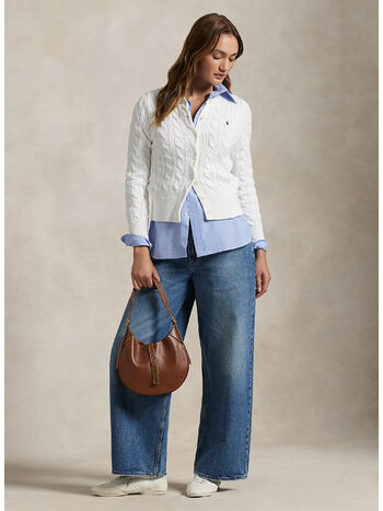 CARDIGAN A GIROCOLLO IN COTONE A TRECCE, WHITE, small