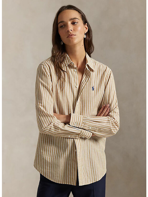 CAMICIA IN COTONE E LINO CLASSIC-FIT, CLASSIC CAMEL/WHITE, large