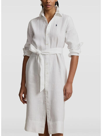 ABITO CHEMISIER IN COTONE E LINO CON CINTURA, WHITE, small
