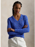 MAGLIONE IN COTONE A TRECCE CON SCOLLO A V, MAIDSTONE BLUE, thumb