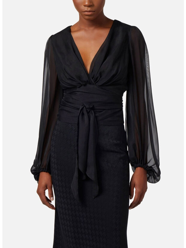 CAMICIA IN VOILE DI SETA CON FUSCIACCA, 110 NERO, large