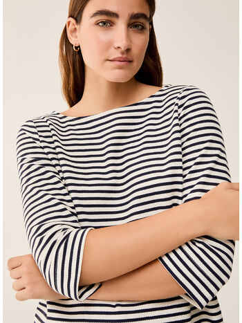 T-SHIRT CON SCOLLO E MANICA A 3/4, 003 OFF WHITE + BLU, small