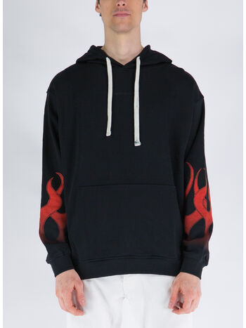 FELPA CON CAPPUCCIO WITH RED FLAMES, BLACK, small