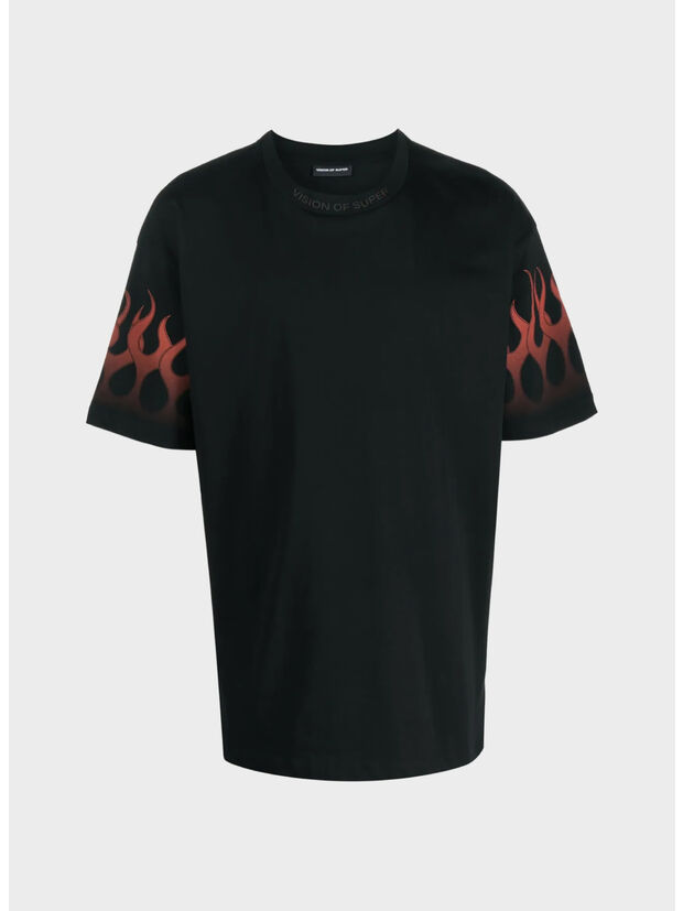 T-SHIRT WITH RED FLAMES, BLACK, large