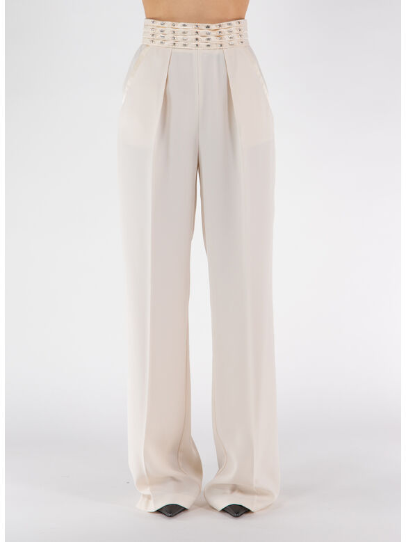PANTALONE IN CRÊPE CON FASCIONE RICAMATO, 193 BURRO, medium