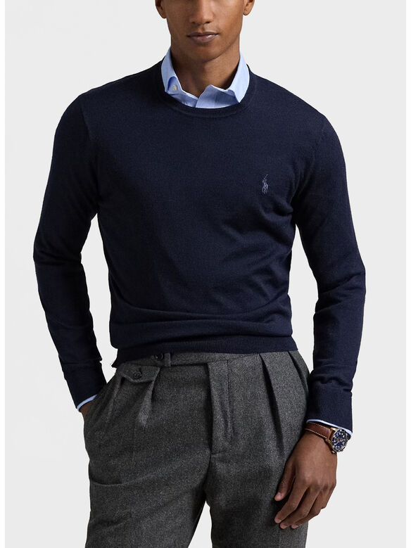 MAGLIONE GIROCOLLO CON LOGO RICAMATO, HUNTER NAVY, medium