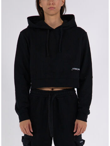 FELPA CROP CON CAPPUCCIO, NERO, small