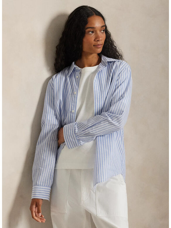 CAMICIA IN COTONE E LINO CLASSIC-FIT, DRESS SHIRT BLUE/WHITE, medium