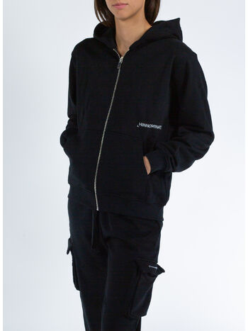 FELPA FULL ZIP CON CAPPUCCIO, NERO, small