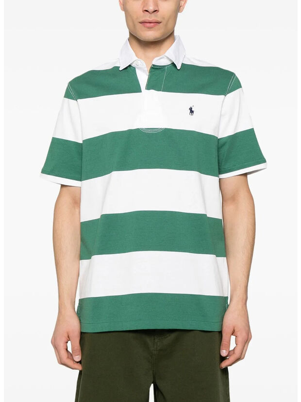 POLO A RIGHE CON PATCH LOGO, ANTIQUE GREEN/OXFORD WHITE, large