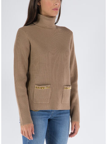 MAGLIA A COSTINE CON COLLO ALTO E DETTAGLIO MORSETTO, 390 TORTORA, small