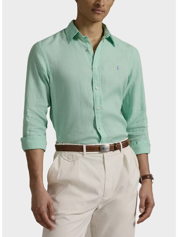 CAMICIA IN LINO CON LOGO RICAMATO, AQUA VERDE, medium