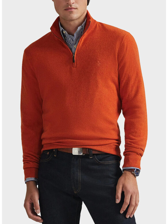 MAGLIONE MEZZA ZIP CON LOGO RICAMATO, DARK JAFFA ORANGE HTR, medium