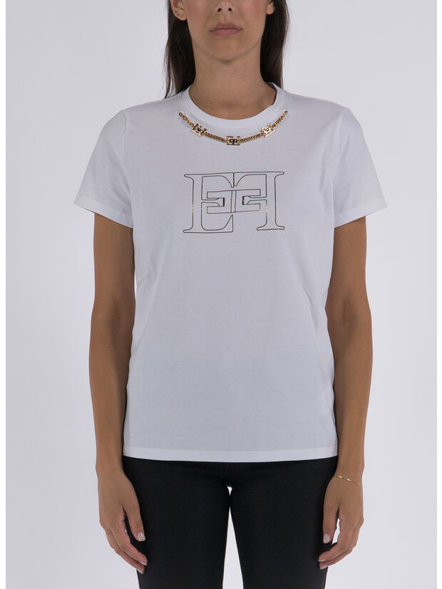 T-SHIRT IN COTONE CON LOGO E CATENA, 270 GESSO, large