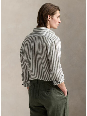 CAMICIA IN LINO A RGHE CON LOGO RICAMATO, NEW OLIVE/WHITE, small