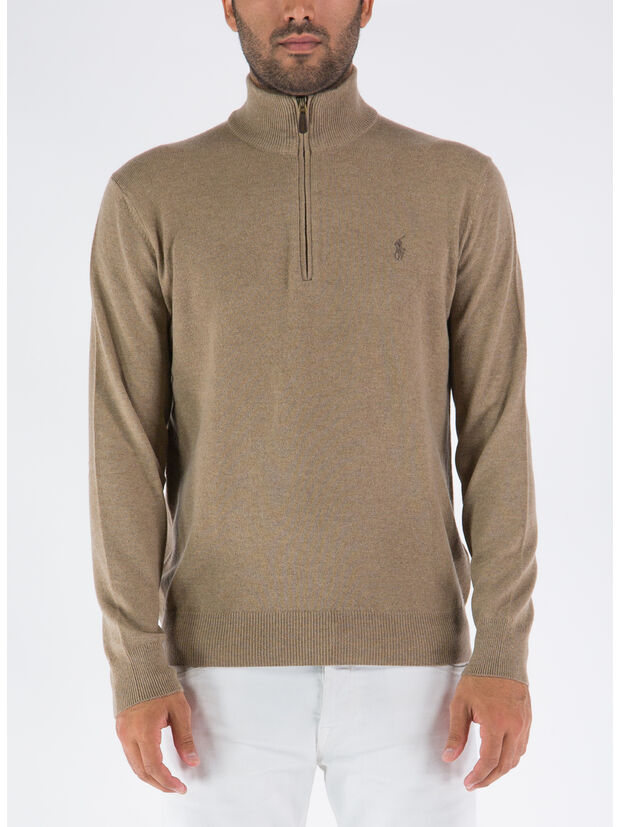 PULLOVER CON COLLO ALTO E MEZZA ZIP, HONEY BROWN HEATHER, large