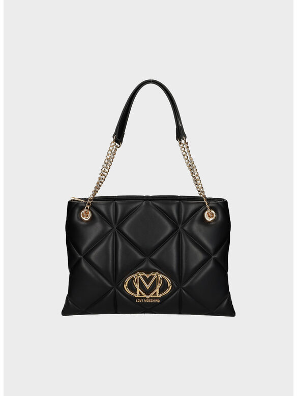 BORSA A SPALLA TRAPUNTATO CON MAXI LOGO, 000 NERO, medium