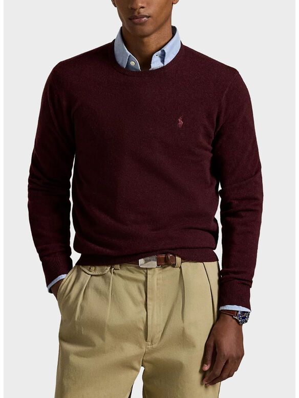 MAGLIONE GIROCOLLO IN LANA CON LOGO RICAMATO, AGED WINE HEATHER, medium