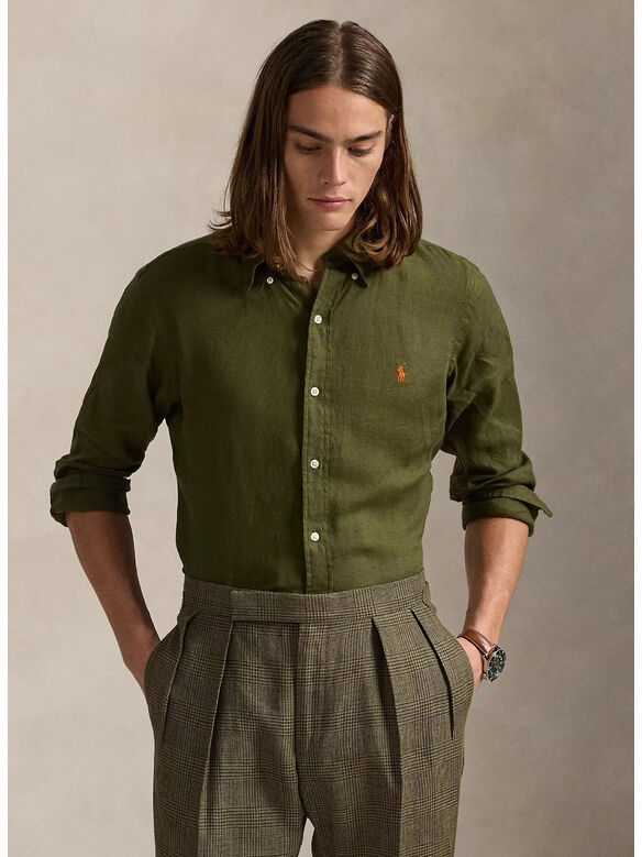 CAMICIA IN LINO SLIM-FIT, NEW OLIVE, medium