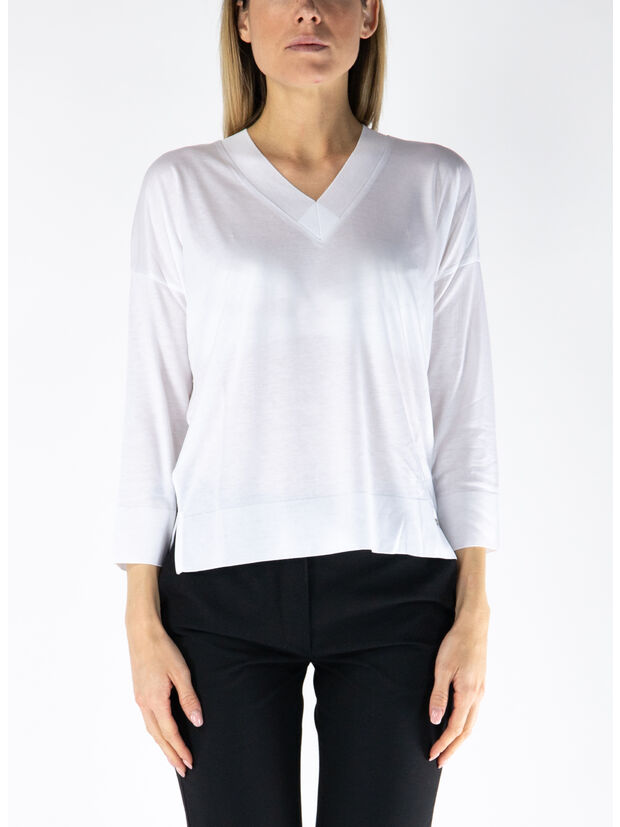 MAGLIONE CON SCOLLO A V, 1000 BIANCO, large