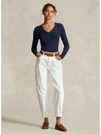 MAGLIONE IN COTONE A TRECCE CON SCOLLO A V, HUNTER NAVY, small