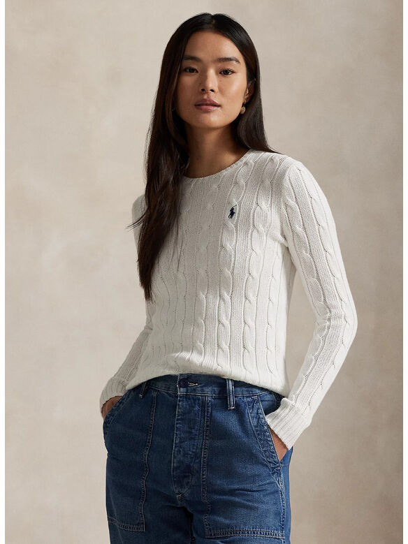 MAGLIONE A GIROCOLLO IN COTONE A TRECCE, WHITE, medium