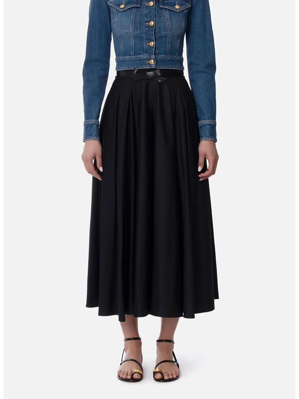 GONNA MIDI SATINATO CON CINTURA, 110 NERO, medium