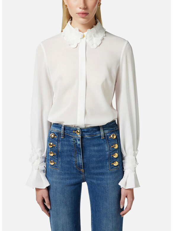 CAMICIA IN GEORGETTE CON RICAMI FLOREALI, 360 AVORIO, medium