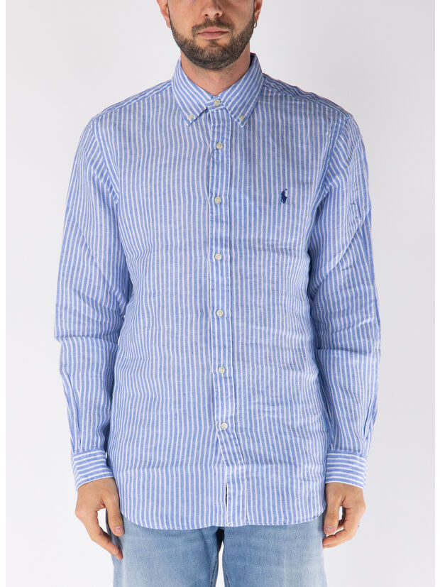 CAMICIA IN LINO CON LOGO RICAMATO, BLUE/WHITE, large