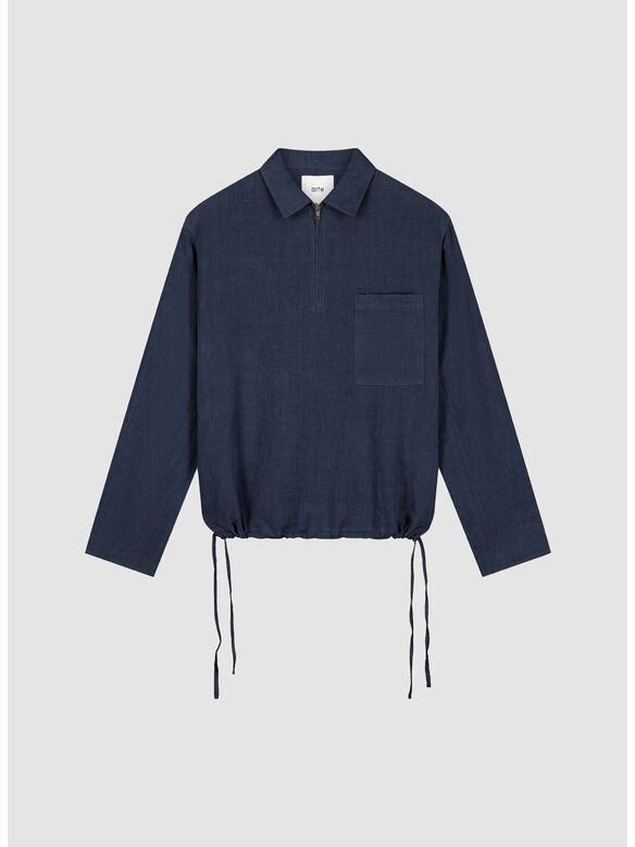 PULLOVER LINEN QUARTER ZIP, 450 NAVY, medium