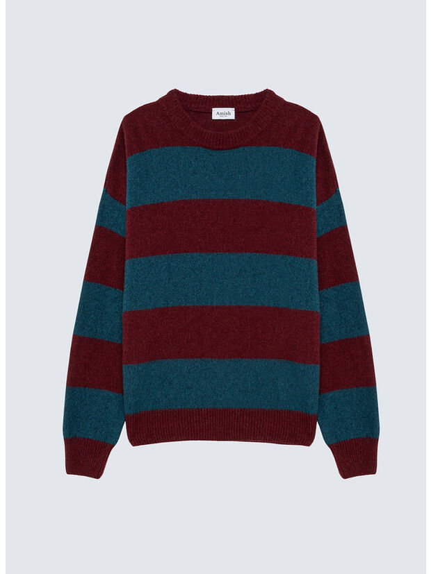 MAGLIONE GIROCOLLO A RIGHE IN LANA SHETLAND, C0517 BRICK/PEACOCK, large