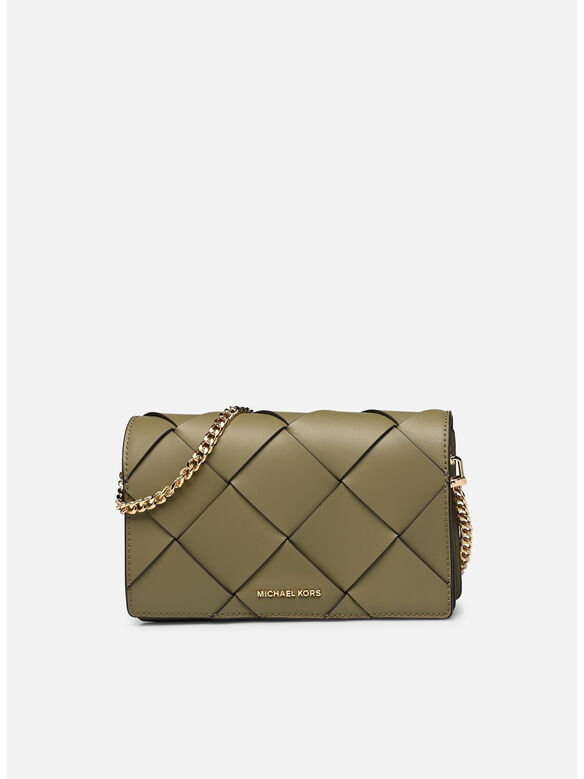BORSA A TRACOLLA JET SET MEDIA IN PELLE INTRECCIATA, 367 SAFARIGREEN, medium