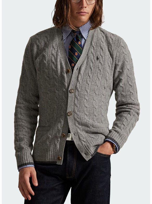 CARDIGAN A TRECCE IN LANA E CASHMERE, FAWN GREY HEATHER, medium