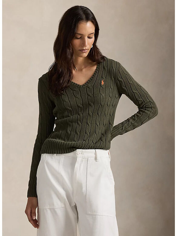 MAGLIA IN COTONE A TRECCE CON SCOLLO A V, HARVEST OLIVE, medium