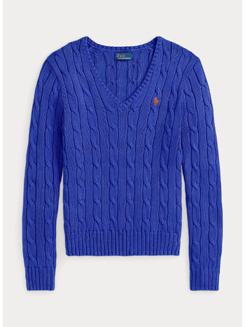 MAGLIONE IN COTONE A TRECCE CON SCOLLO A V, MAIDSTONE BLUE, small