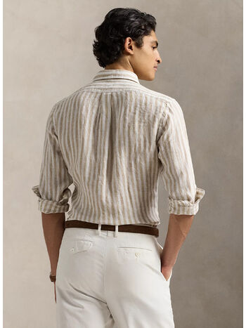 CAMICIA IN LINO A RGHE CON LOGO RICAMATO, COASTAL BEIGE/WHITE, small