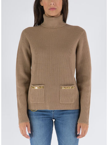 MAGLIA A COSTINE CON COLLO ALTO E DETTAGLIO MORSETTO, 390 TORTORA, small