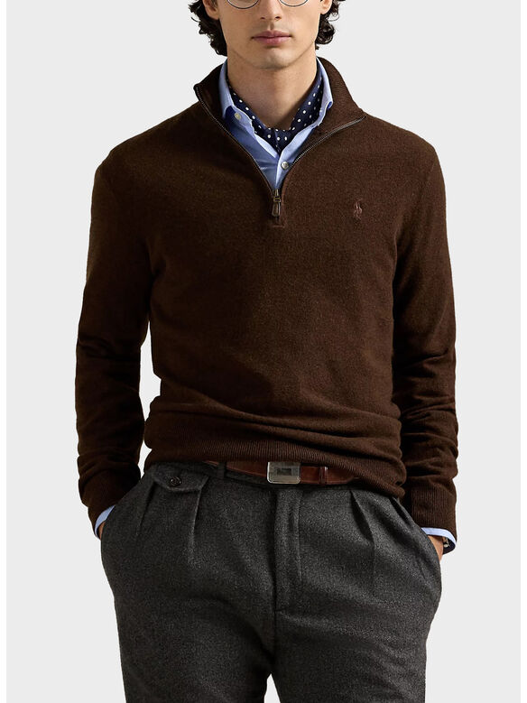 MAGLIONE MEZZA ZIP CON LOGO RICAMATO, CACAO BROWN HEATHER, medium