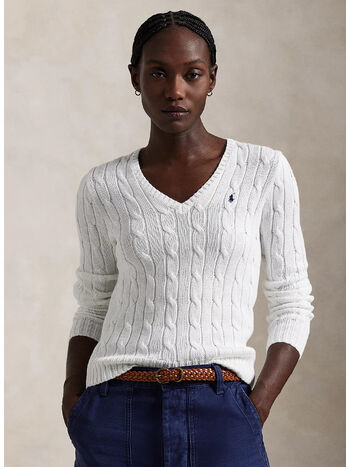 MAGLIONE IN COTONE A TRECCE CON SCOLLO A V, WHITE, small