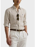 CAMICIA IN LINO A RGHE CON LOGO RICAMATO, COASTAL BEIGE/WHITE, thumb