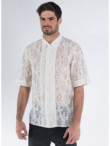 CAMICIA IN PIZZO COTONE E POLIESTERE, 02 WHITE, small