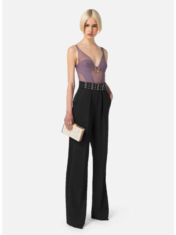 PANTALONE IN CRÊPE CON FASCIONE RICAMATO, 110 NERO, small