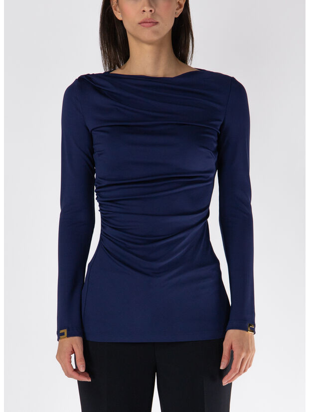 MAGLIA IN JERSEY CON DRAPPEGGIO, B75 NAVY, large
