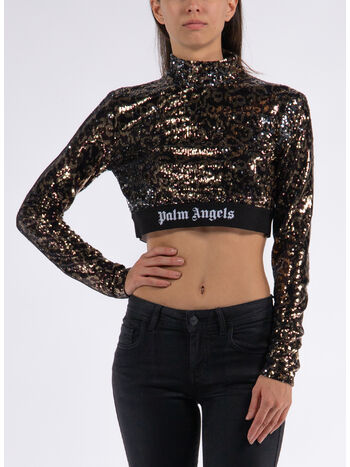 T-SHIRT CROPPED LONGSLEEVE LOGO TAPE SEQUINS, 6010 BROWN BLACK, small
