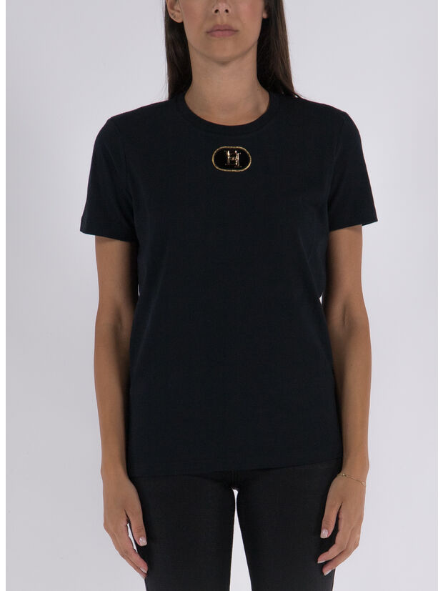 T-SHIRT IN JERSEY CON PLACCA LOGO IN VELLUTO, 110 NERO, large