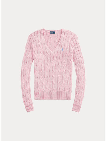 MAGLIONE IN COTONE A TRECCE CON SCOLLO A V, CARMEL PINK, small
