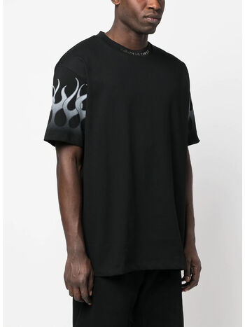 T-SHIRT WITH WHITE FLAMES, BLACK, small