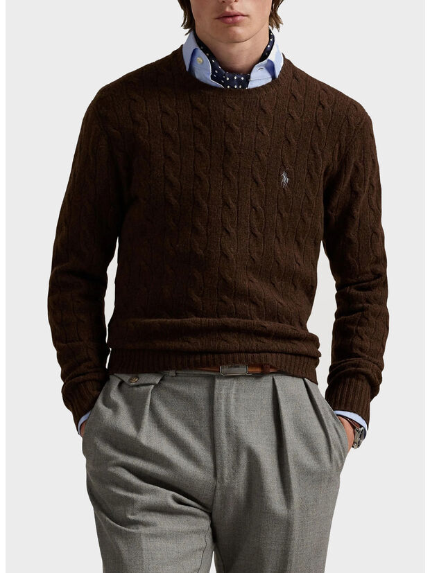 MAGLIONE GIROCOLLO IN MAGLIA TRECCIATO, CACAO BROWN HEATHER, large